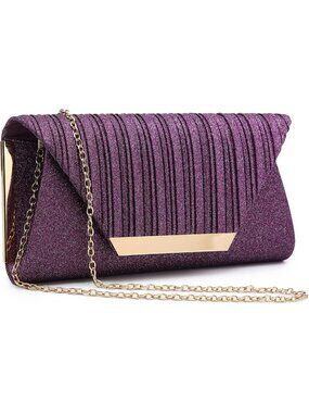 Women Glitter Purple Clutch With Detachable Chain Wedding Formal Evening Bag